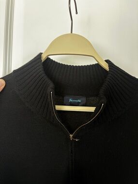 Faconnable Men's Black Zip-Up 100% Merino Wool Ribbed Funnel Collar Sweater